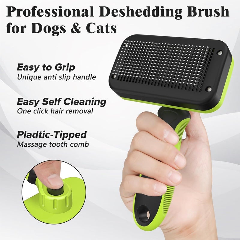 HSC 2PCS Self Cleaning Slicker Brush & Dog Comb - Skin Friendly Deshedding Grooming Tool for Dogs, Cats and Small Animals, Professional Deshedding Dematting Tool for Long and Short Haired Pets (Green) - Image 3